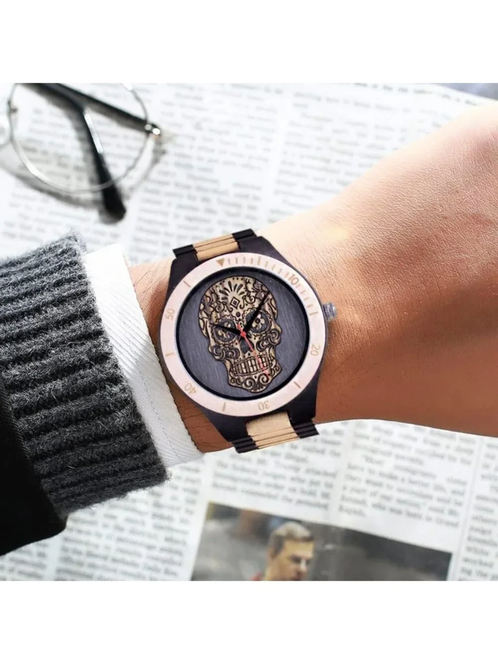 Men's Black Beige Analog Quartz Handmade Skull Face Engraved Round Wooden Watch
